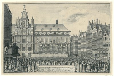 Vyhlášení míru z Munsteru v Antverpách, 1648 Eygentlycke Zobrazující způsob publikace den Peys mezi syne Mayesteyt den Coninck van Spagnien a Heeren Staten Generael van de Vereenich[de] Nederlanden na Heerlyc od Wenceslaus Hollar