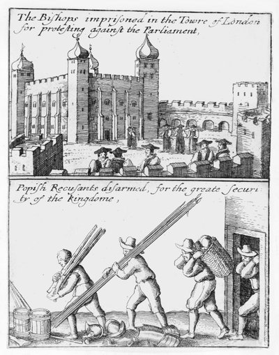 Biskupové uvěznění v Tower of London; Papežští odpůrci odzbrojeni od Wenceslaus Hollar