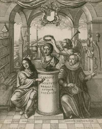 Busta Karla II. s lordem Brounckerem (vlevo), prvním prezidentem Královské společnosti, a Francisem Baconem (vpravo) od Wenceslaus Hollar