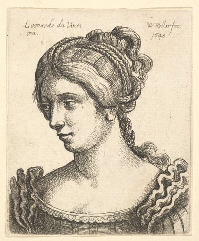 Busta ženy hledící dolů doleva s bohatě zdobenými vlasy, 1648. od Wenceslaus Hollar