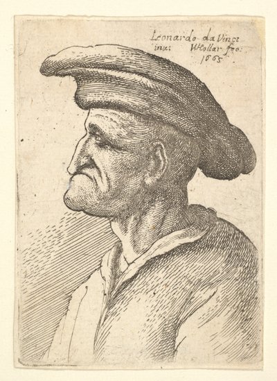 Busta staršího muže s nosem, který se dotýkal jeho spodního rtu, na sobě širokou plochou čepici z profilu t..., 1665. od Wenceslaus Hollar