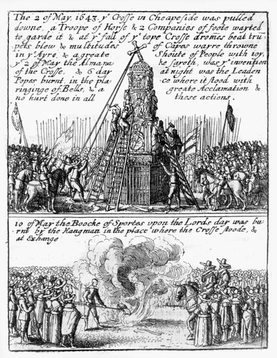 Zničení Cheapside Cross; na místě shořela „Kniha sportu“. od Wenceslaus Hollar