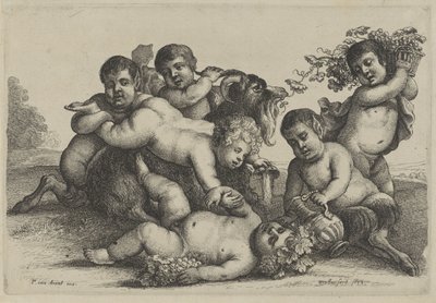 Tři malí chlapci, dva satyrové a bacchant koza Putti a Satyrs (název série) od Wenceslaus Hollar