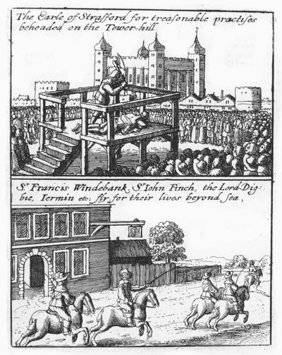 hrabě ze Staffordu sťat na Tower Hill; Sir Francis Windebank, Sir John Finch a Lord Digby prchají z Anglie od Wenceslaus Hollar