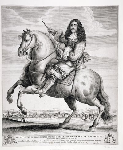Jezdecký portrét Karla II. (1630-85) s krajinou, vydáno kolem roku 1670 od Wenceslaus Hollar