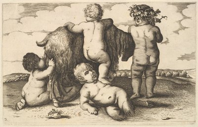 Čtyři chlapci, mladý satyr a kozí kopie, 17. století. od Wenceslaus Hollar