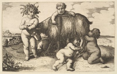 Čtyři chlapci, mladý satyr a kopie kozy v opačném směru, 17. století. od Wenceslaus Hollar