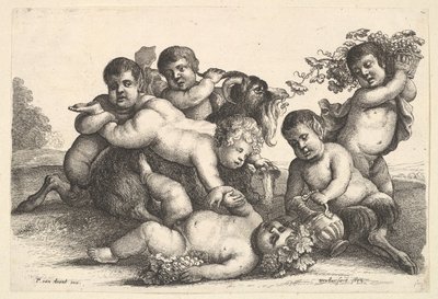 Čtyři chlapci, dva satyrové a koza, 1654. od Wenceslaus Hollar