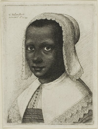 Hlava černošky s krajkovým šátkovým kloboukem od Wenceslaus Hollar