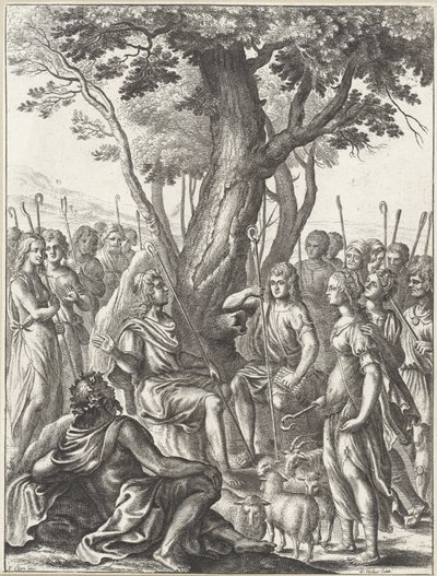 Pastýř Meliboeus soudí hru pastýřů Corydona a Thyrsis Works of Virgil (název série) od Wenceslaus Hollar