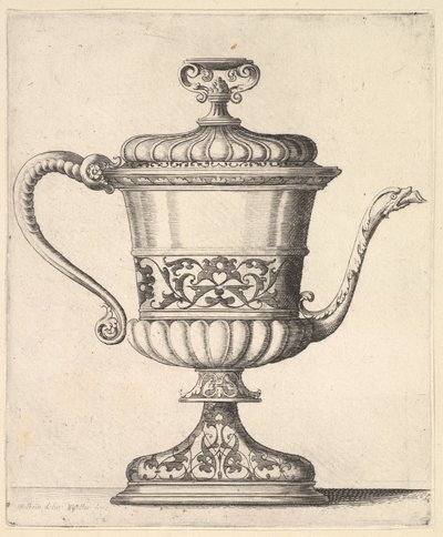 Džbán s víkem, rytý arabeskový vzor, úzká hubice vpravo zakončená hadem..., 1625-77. od Wenceslaus Hollar