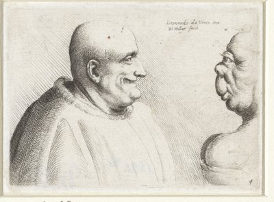 Hlavy velkého holohlavého muže a groteskní ženy Varie figurae et probae (název série) Karikatury, hlavy a deformace po Leonardu da Vinci (název série) od Wenceslaus Hollar