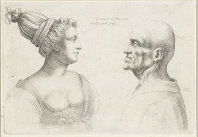Hlavy holohlavého muže a ženy s turbany Varie figurae et probae (název série) Karikatury, hlavy a deformace po Leonardu da Vinci (název série) od Wenceslaus Hollar
