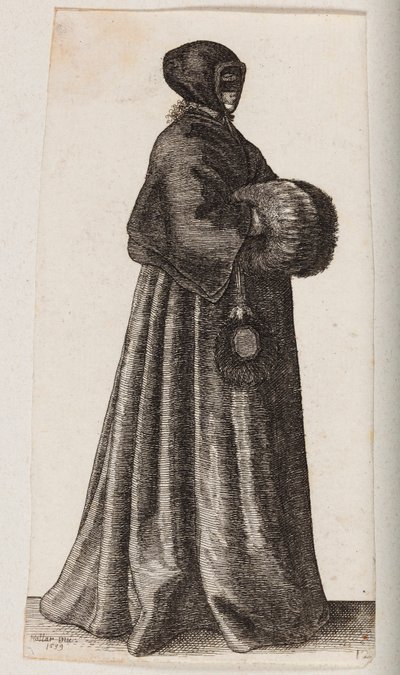Žena oblečená v černém, s maskou, čepcem a rukávníkem od Wenceslaus Hollar