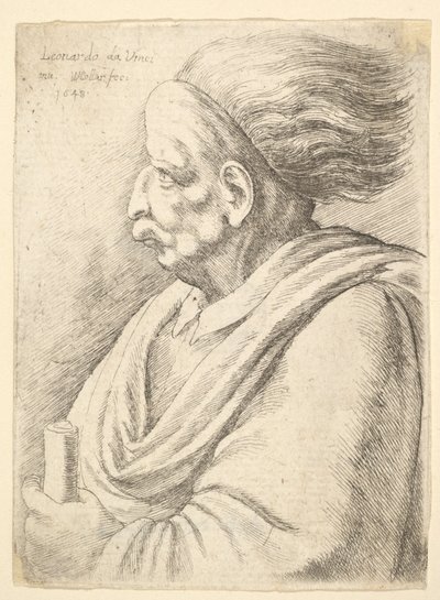 Muž s karikovanými rysy a vzadu vlajícími vlasy, v poloviční délce vlevo, 1648. od Wenceslaus Hollar