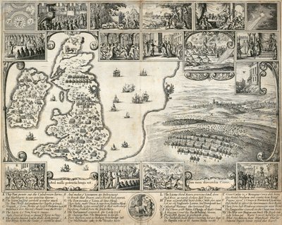 Mapa Britských ostrovů a ilustrace historických událostí 17. století, c1659 od Wenceslaus Hollar