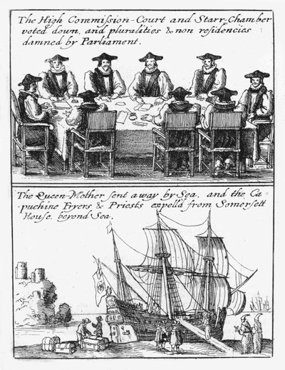 Členové Hvězdné komory; Královna Henrietta Maria se plaví z Anglie od Wenceslaus Hollar