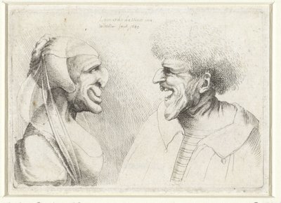 Deformované hlavy usměvavého muže a ženy s čepicí Varie figurae et probae (název série) Karikatury, hlavy a deformace po Leonardu da Vinci (název série) od Wenceslaus Hollar