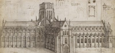 Stará katedrála svatého Pavla ze severovýchodu (pero a hnědý inkoust a šedý omyvatelný grafit, naříznuté a přetřené pro přenos) od Wenceslaus Hollar