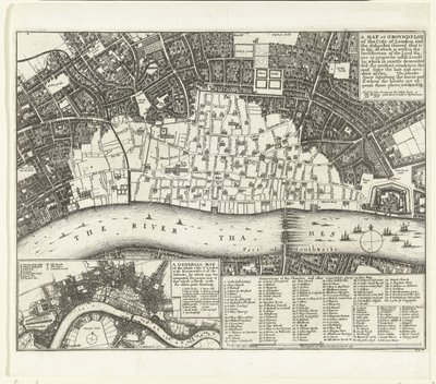 Mapa Londýna po velkém požáru v roce 1666 Mapa nebo pozemek londýnské City a předměstí (...) (název na objektu) od Wenceslaus Hollar
