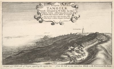 Vyhlídka na vaši severní stranu Tangeru ohledně Mayského moře z kopce, jak přicházíte ..., v roce 1673. od Wenceslaus Hollar