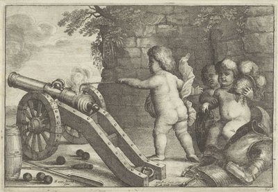 Putti střílející dělo: Element ohně The Four Elements (název série) od Wenceslaus Hollar