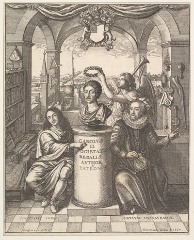Královská společnost, frontispis Thomase Sprata, Historie královské společnosti v Londýně..., 1667. od Wenceslaus Hollar