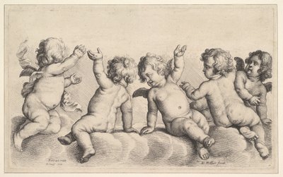 Tři cherubové a dva chlapci na oblacích, 1620-77. od Wenceslaus Hollar