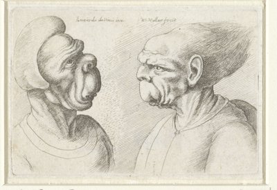 Dvě deformované hlavy Varie figurae et probae (název série) Karikatury, hlavy a deformace po Leonardu da Vinci (název série) od Wenceslaus Hollar