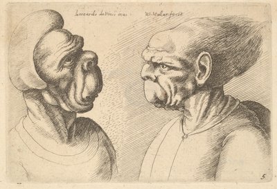 Dvě deformované hlavy obrácené dovnitř, 1625-77. od Wenceslaus Hollar