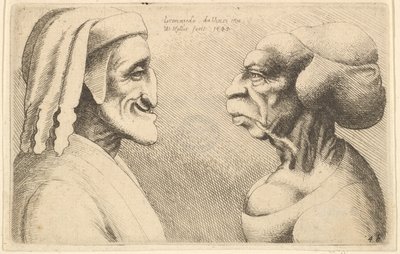 Dvě deformované hlavy, postava vlevo je možná karikatura Dante, 1645. od Wenceslaus Hollar