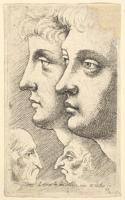 Dva mladíci z profilu vlevo se dvěma groteskními hlavami proti sobě, 1625-77. od Wenceslaus Hollar