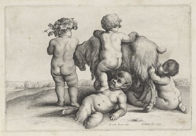 Čtyři chlapci, satyr a koza Putti a Satyrs (název série) od Wenceslaus Hollar