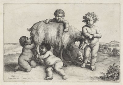 Čtyři chlapci, satyr a koza stojící vpravo Putti a Satyrs (název série) od Wenceslaus Hollar
