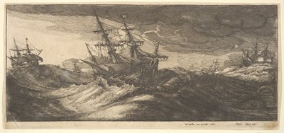Válečná loď a tryskající velryba, 1665. od Wenceslaus Hollar