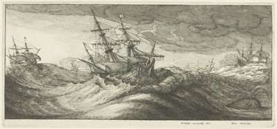 Válečné lodě a tryskající velryba od Wenceslaus Hollar