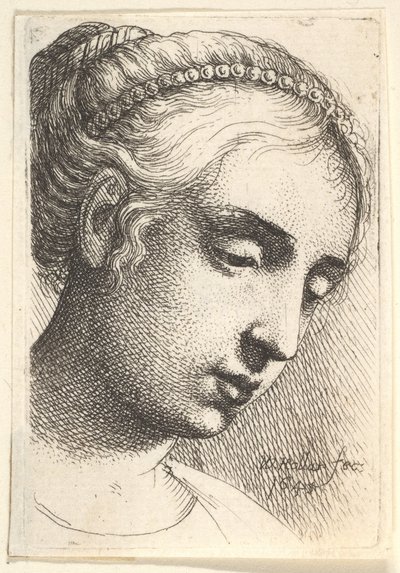 Žena se šňůrou perel ve vlasech, hledící dolů doprava od Wenceslaus Hollar