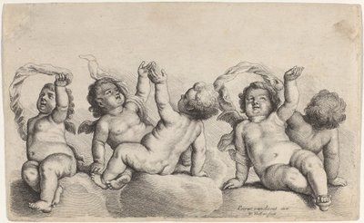 Tři cherubové a dva chlapci zvednou jednu paži na oblacích od Wenceslaus Hollar, after Peeter van Avont