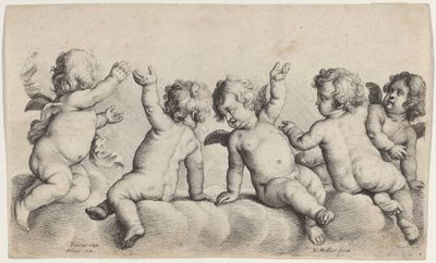 Tři cherubové a dva chlapci na oblacích od Wenceslaus Hollar, after Peeter van Avont