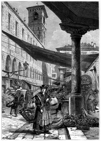 Ovocný trh Rialto, Benátky, Itálie, 19. století. od Whymper