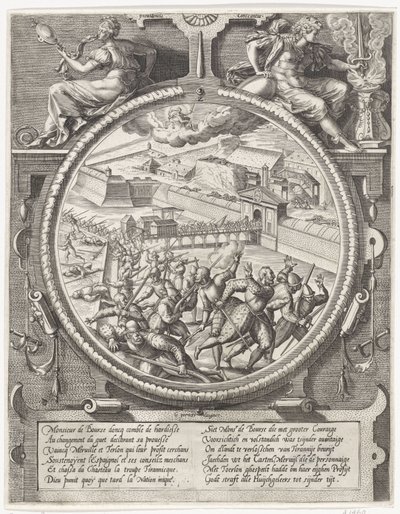 Bourseovy jednotky vyhánějí německé vojáky Treslong a Merville z citadely, 1577 Medailony s dobytím citadely v Antverpách v roce 1577 (název série) od Wierix