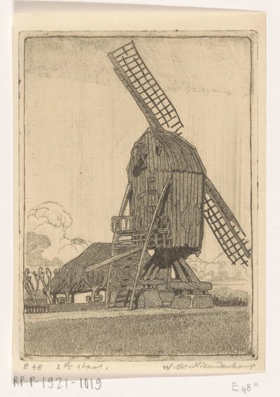 Mlýn na kukuřici se dvěma lopatkami u Bennekom Starý mlýn (původní název) od Wijnand Otto Jan Nieuwenkamp (signed by artist)