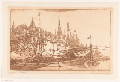Loď s palivovým dřívím na břehu Gangy v Benares Loď s palivovým dřívím, Benares (původní název) Lodě, Benares (název na objektu) od Wijnand Otto Jan Nieuwenkamp (signed by artist)