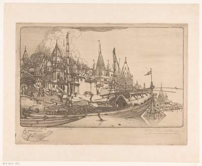 Loď s palivovým dřívím na břehu Gangy v Benares Loď s palivovým dřívím, Benares (původní název) od Wijnand Otto Jan Nieuwenkamp (signed by artist)