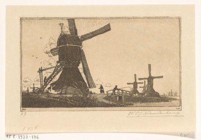 Wipmolens na Vlistu mezi Haastrechtem a Schoonhovenem Vodní mlýny u Goudy (původní název) od Wijnand Otto Jan Nieuwenkamp (signed by artist)