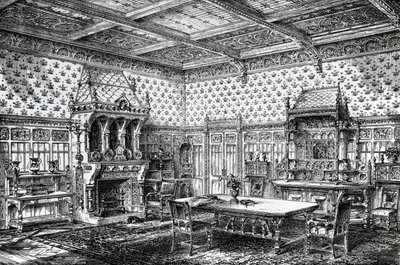 Návrh gotické jídelny, publikovaný v časopise The House-Furnisher & Decorator, 1. září 1872. od Wilberforce Haddon