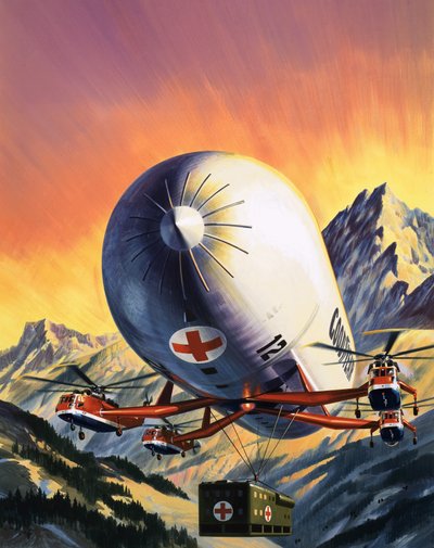 Futuristická kombinace vrtulníků a vzducholodí pro přepravu velkých nákladů. od Wilf (20th century) Hardy