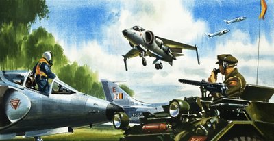 Podívejte se - žádná dráha. Nejnovější vývoj v oblasti letadel. Harrier Jump Jet od Wilf (20th century) Hardy