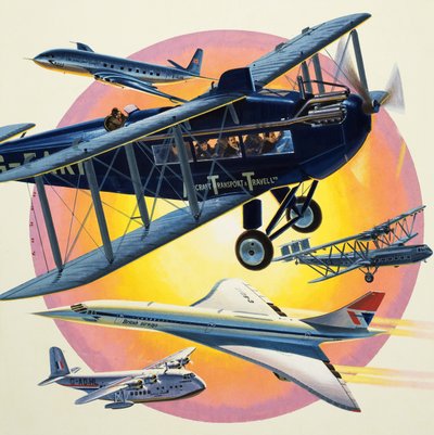 Montáž osobních letadel včetně Concordu (kvaš na papíře) od Wilf (20th century) Hardy