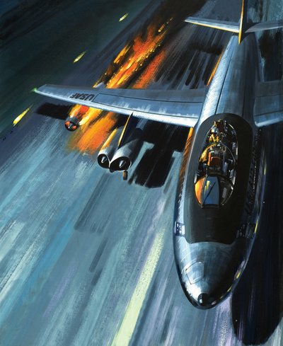 Noční můra v hořícím bombardéru, ilustrace z knihy "Lidé a stroje od Wilf (20th century) Hardy